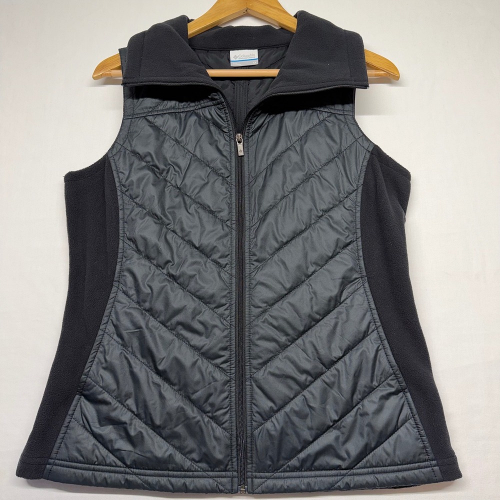 Columbia Black Quilted Puffer Vest Fleece Side Panels Zip Up Womens M Hiking